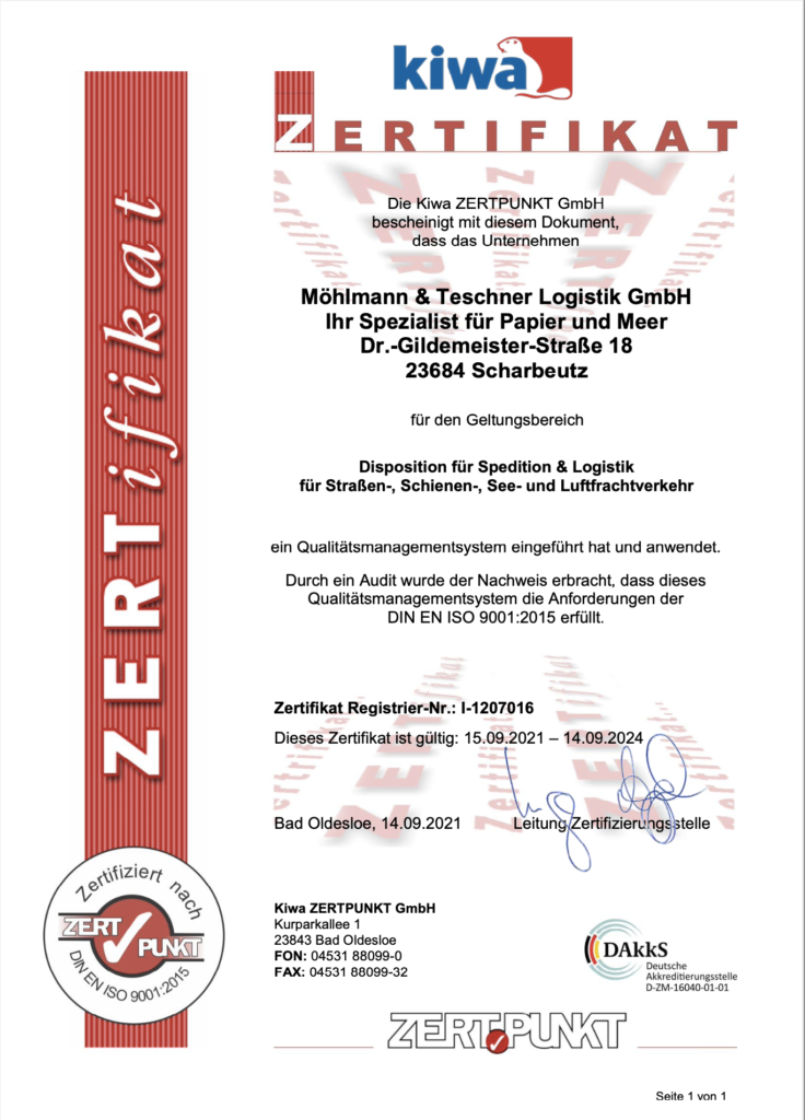 ISO Zertifikat Möhlmann und Teschner